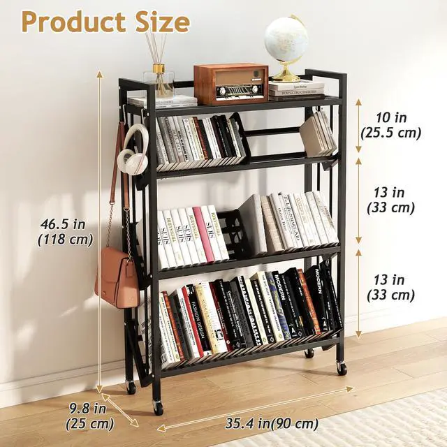 Alt view image 2 of 7 - Book Carts with Wheels, Library Rolling Book Cart 4 Tier Movable Bookshelf Mobile Large Capacity Organizer Rack for Teacher Classroom Office Room School (46.5'' H)