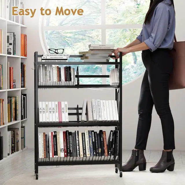 Alt view image 3 of 7 - Book Carts with Wheels, Library Rolling Book Cart 4 Tier Movable Bookshelf Mobile Large Capacity Organizer Rack for Teacher Classroom Office Room School (46.5'' H)