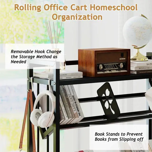 Alt view image 5 of 7 - Book Carts with Wheels, Library Rolling Book Cart 5 Tier Movable Bookshelf Mobile Large Capacity Organizer Rack for Teacher Classroom Office Room School (57.5'' H)