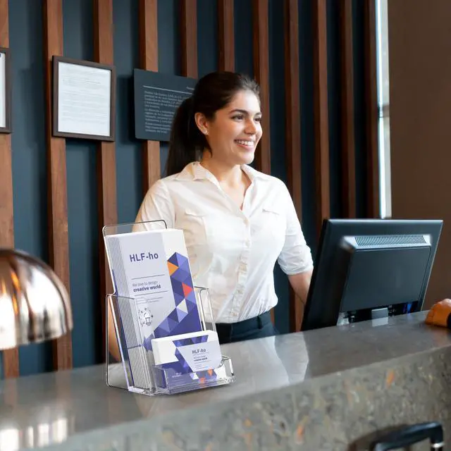 Alt view image 7 of 7 - Brochure Holder 4x9 Inch Acrylic Literature Holders Clear Flyer Display Stand with Business Card Slot Pamphlet Holder Multi Purpose Organizer for Office, Lobby, Hotels, Trade Shows, 12 Pack
