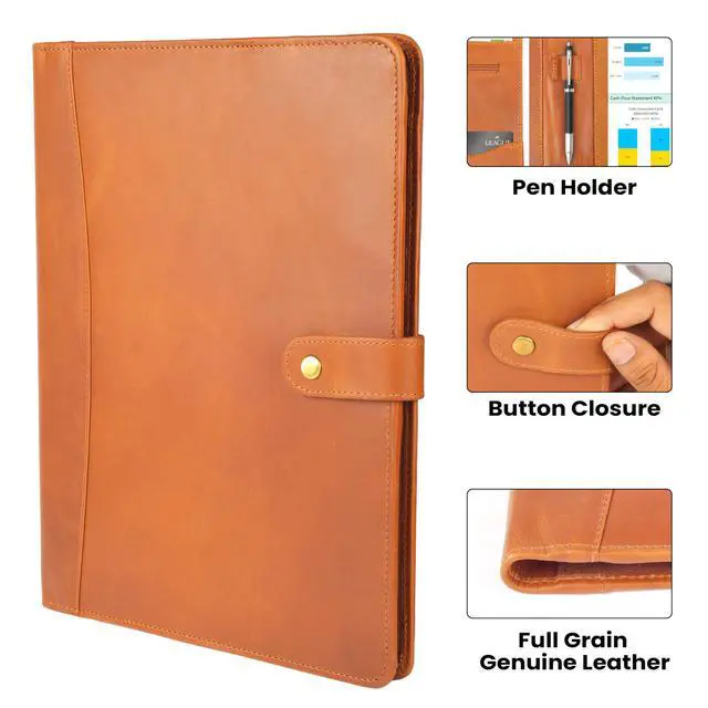 Alt view image 4 of 7 - Leather Resume Portfolio Folder for Interview, Professional Padfolio Organizer Binder A4, Graduation & New Job Gift for Men Women Tan