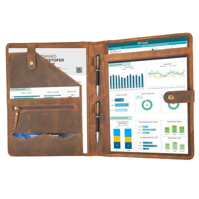 Alt view image 3 of 7 - Leather Resume Portfolio Folder for Interview, Professional Padfolio Organizer Binder A4, Graduation & New Job Gift for Men Women Brown