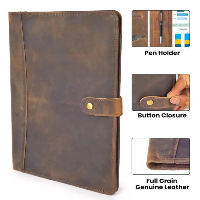 Alt view image 4 of 7 - Leather Resume Portfolio Folder for Interview, Professional Padfolio Organizer Binder A4, Graduation & New Job Gift for Men Women Brown
