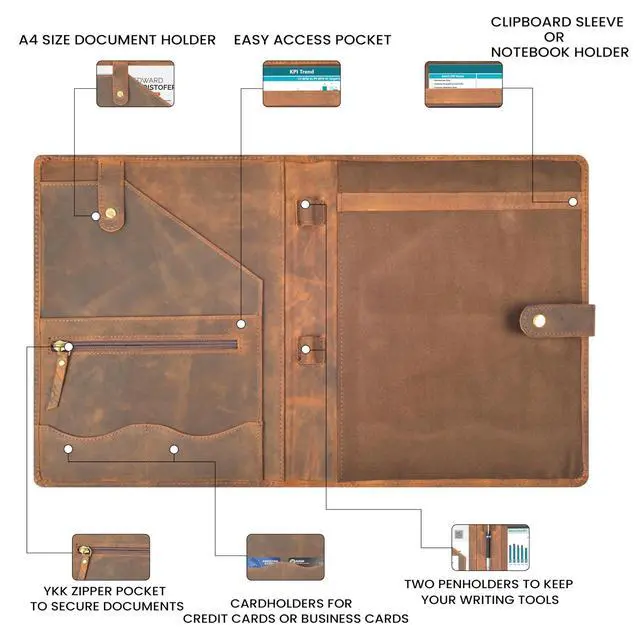 Alt view image 5 of 7 - Leather Resume Portfolio Folder for Interview, Professional Padfolio Organizer Binder A4, Graduation & New Job Gift for Men Women Brown