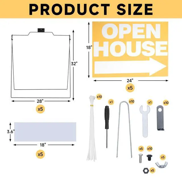 Alt view image 2 of 7 - 5 Pack Open House Signs 32'' x 28'' A Frame Metal Stand 18'' x 24'' Sign Panels Double Sided Real Estate Yard Signs Foldable Real Estate Open House Directional Arrows Yard Sidewalk Signs, Yellow