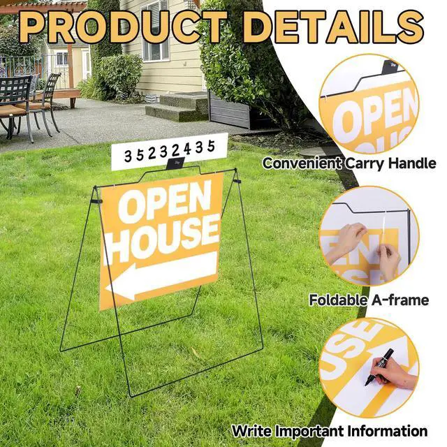 Alt view image 3 of 7 - 5 Pack Open House Signs 32'' x 28'' A Frame Metal Stand 18'' x 24'' Sign Panels Double Sided Real Estate Yard Signs Foldable Real Estate Open House Directional Arrows Yard Sidewalk Signs, Yellow