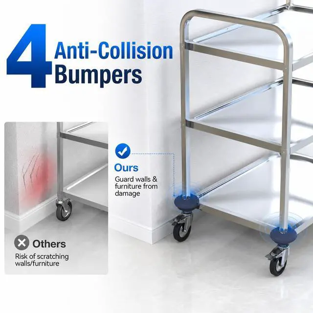 Alt view image 3 of 7 - 3 Tier Stainless Steel Utility Cart on Wheels, Kitchen Storage Cart, Service Carts for Restaurants, Kitchens, Warehouses, Hotels and Commercial Use, 400lbs, 29.5" L *15.7" W *32.6" H