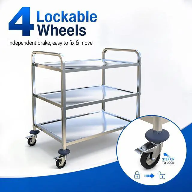 Alt view image 2 of 7 - 3 Tier Stainless Steel Utility Cart on Wheels, Kitchen Storage Cart, Service Carts for Restaurants, Kitchens, Warehouses, Hotels and Commercial Use, 400lbs, 29.5" L *15.7" W *32.6" H