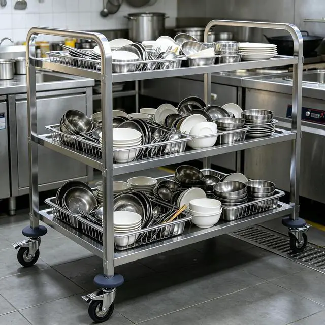 Alt view image 6 of 7 - 3 Tier Stainless Steel Utility Cart on Wheels, Kitchen Storage Cart, Service Carts for Restaurants, Kitchens, Warehouses, Hotels and Commercial Use, 400lbs, 29.5" L *15.7" W *32.6" H