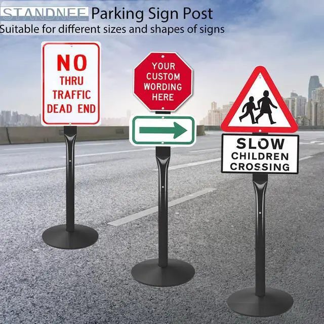 Alt view image 2 of 7 - Parking Sign Post Heavy Duty 49" Sign Base Cast Iron Sign Stand, Movable Parking Sign Stand for Hanging Signs (Black-1 Pack-20 lbs)