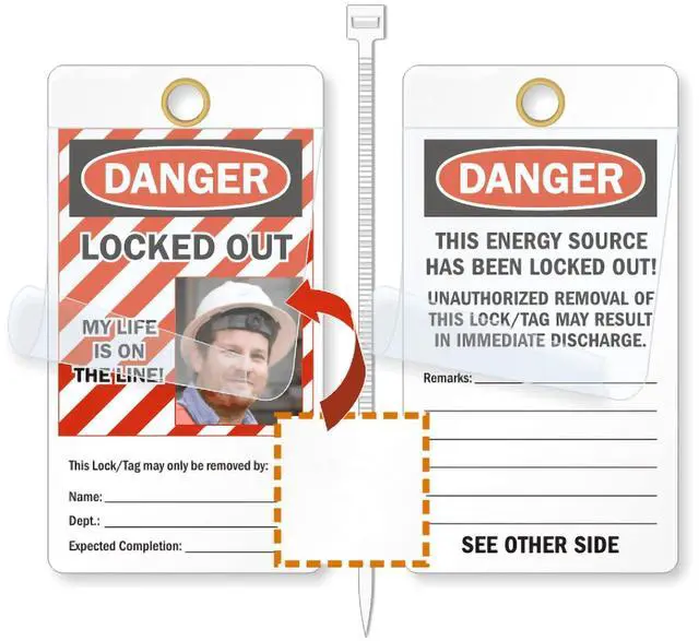 Main image of Locked Out My Life is On The Line 2 - Sided Lockout Tag | 6" x 3.25" Vinyl with Self-Laminating Clear Flap, Pack of 25