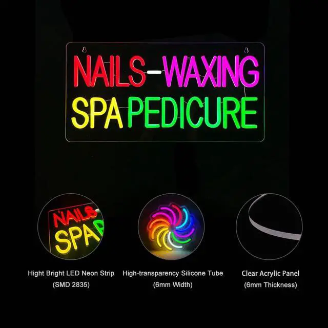 Alt view image 5 of 6 - Nails Waxing Spa Pedicure Neon Sign, 24"x12", High Bright Business Signboards for Nail Bar, Beauty Salon, Hair Removal Center, Clear Acrylic Backboard, Easy to Install, Store Wall Window Decoration