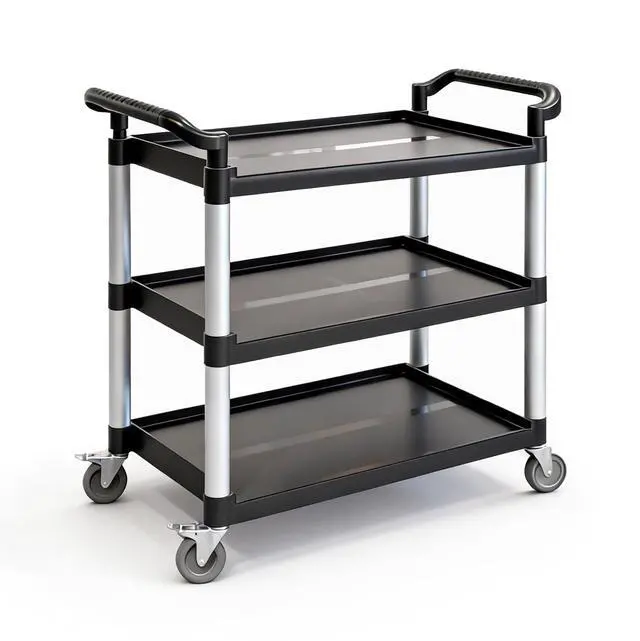 Main image of Plastic Commercial Cart Large Size, Restaurant Cart with Wheels Lockable, Heavy Duty Utility Service Cart for Foodservice, Commercial,Office, Warehouse, Black, Load Capacity 510 lbs (231 kg)