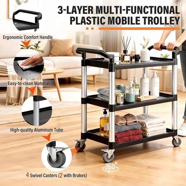 Alt view image 2 of 7 - Plastic Commercial Cart Large Size, Restaurant Cart with Wheels Lockable, Heavy Duty Utility Service Cart for Foodservice, Commercial,Office, Warehouse, Black, Load Capacity 510 lbs (231 kg)
