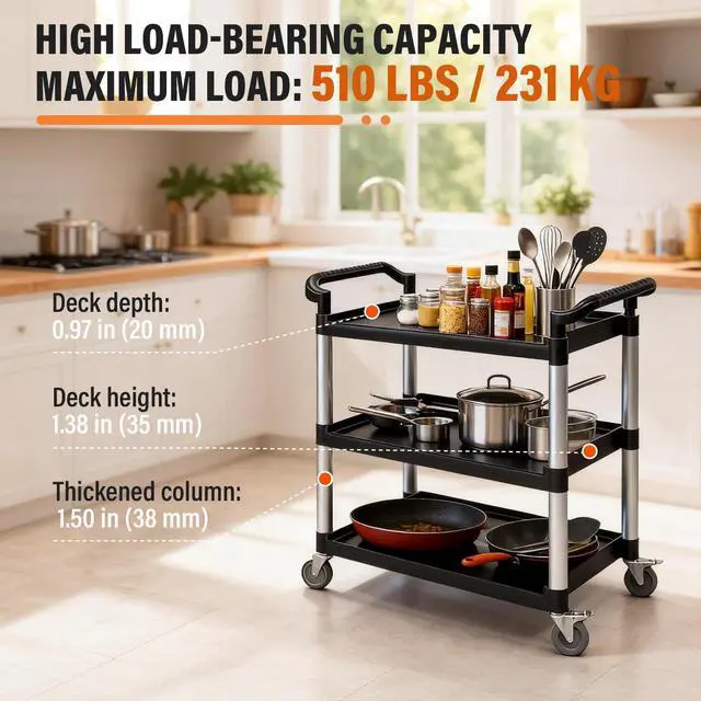 Alt view image 3 of 7 - Plastic Commercial Cart Large Size, Restaurant Cart with Wheels Lockable, Heavy Duty Utility Service Cart for Foodservice, Commercial,Office, Warehouse, Black, Load Capacity 510 lbs (231 kg)