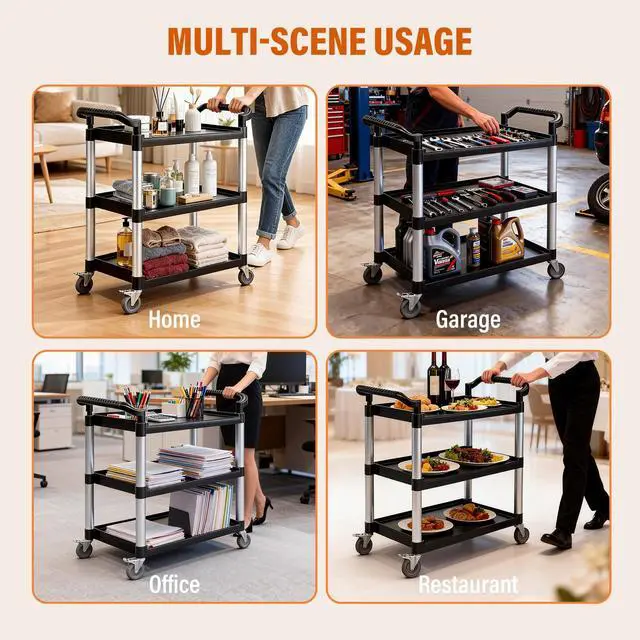 Alt view image 7 of 7 - Plastic Commercial Cart Large Size, Restaurant Cart with Wheels Lockable, Heavy Duty Utility Service Cart for Foodservice, Commercial,Office, Warehouse, Black, Load Capacity 510 lbs (231 kg)