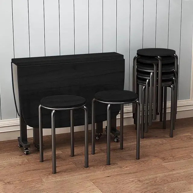 Alt view image 5 of 6 - Stacking Stools Set of 4, 18" H Backless Round Wooden Top Portable Stackable Stools with Metal Frame (Black)