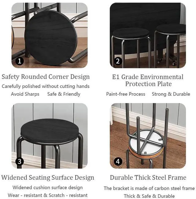Alt view image 6 of 6 - Stacking Stools Set of 4, 18" H Backless Round Wooden Top Portable Stackable Stools with Metal Frame (Black)
