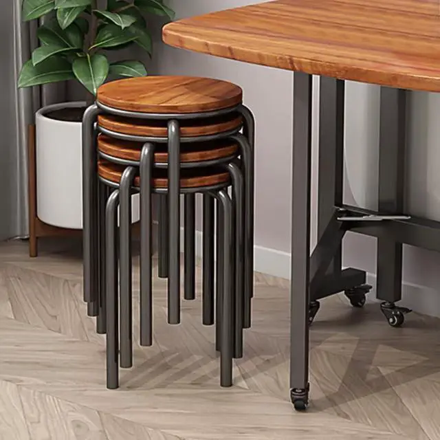 Alt view image 4 of 6 - Stacking Stools Set of 4, 18" H Backless Round Wooden Top Portable Stackable Stools with Metal Frame (Brown)