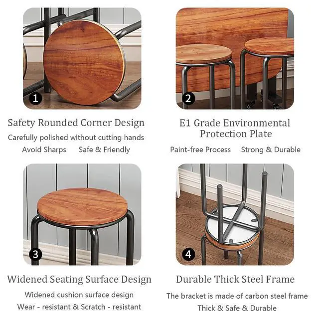 Alt view image 6 of 6 - Stacking Stools Set of 4, 18" H Backless Round Wooden Top Portable Stackable Stools with Metal Frame (Brown)