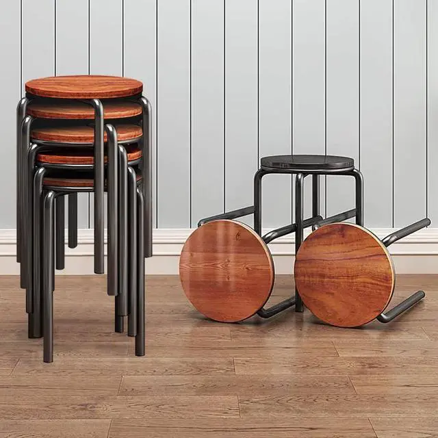 Alt view image 5 of 6 - Stacking Stools Set of 4, 18" H Backless Round Wooden Top Portable Stackable Stools with Metal Frame (Brown)