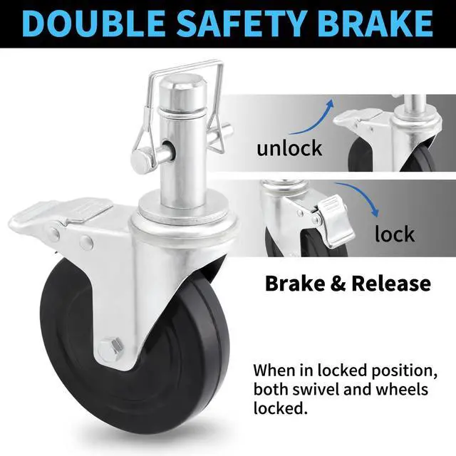 Alt view image 2 of 7 - 5INCH Scaffolding Wheels, Caster Set of 4 With Dual Locking Brake, 1-Inch Round Tubing Style, Heavy Duty 1410LBS Per Rubber Wheel, Swivel Replacement for Scaffolding