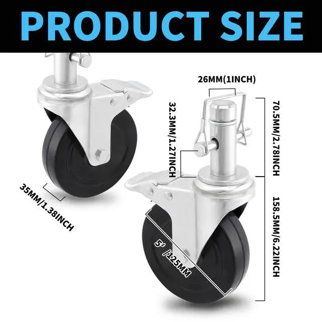 Alt view image 5 of 7 - 5INCH Scaffolding Wheels, Caster Set of 4 With Dual Locking Brake, 1-Inch Round Tubing Style, Heavy Duty 1410LBS Per Rubber Wheel, Swivel Replacement for Scaffolding