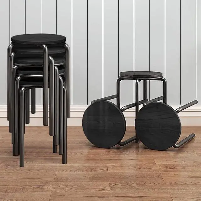Alt view image 4 of 6 - Stacking Stools Set of 4, 18" H Backless Round Wooden Top Portable Stackable Stools with Metal Frame (Black)