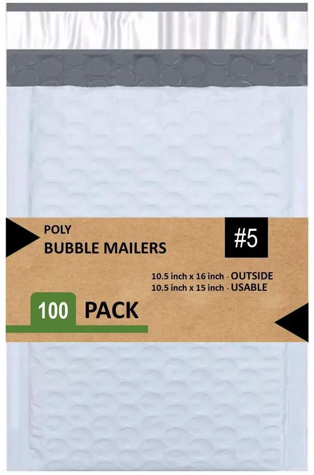 Main image of 5 Poly Bubble Mailers 10.5X16 Inches Padded Envelope Mailer Waterproof Pack of 100, White