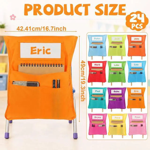 Alt view image 2 of 7 - 24pcs for Classroom 16.3x19.7inch Classroom Chair Pockets with Name Tag 3 Pockets Chair Organizer for Teacher Student School Office(Rainbow)