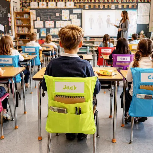 Alt view image 6 of 7 - 24pcs for Classroom 16.3x19.7inch Classroom Chair Pockets with Name Tag 3 Pockets Chair Organizer for Teacher Student School Office(Rainbow)