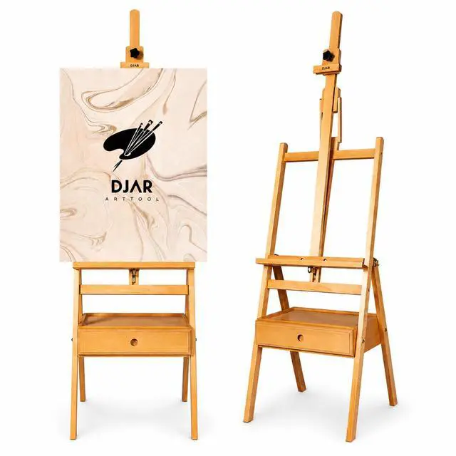 Main image of Solid Beech Wood H-Frame Art Easel with Storage Drawer, Natural | Artist Painting Stand for Adults, Holds Canvas up to 36", Main Mast Adjustable to 75", Great for Home Studios & Classroom