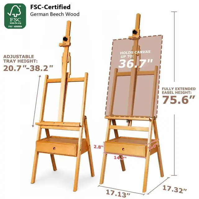 Alt view image 2 of 7 - Solid Beech Wood H-Frame Art Easel with Storage Drawer, Natural | Artist Painting Stand for Adults, Holds Canvas up to 36", Main Mast Adjustable to 75", Great for Home Studios & Classroom