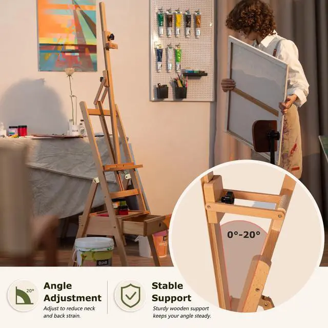 Alt view image 3 of 7 - Solid Beech Wood H-Frame Art Easel with Storage Drawer, Natural | Artist Painting Stand for Adults, Holds Canvas up to 36", Main Mast Adjustable to 75", Great for Home Studios & Classroom