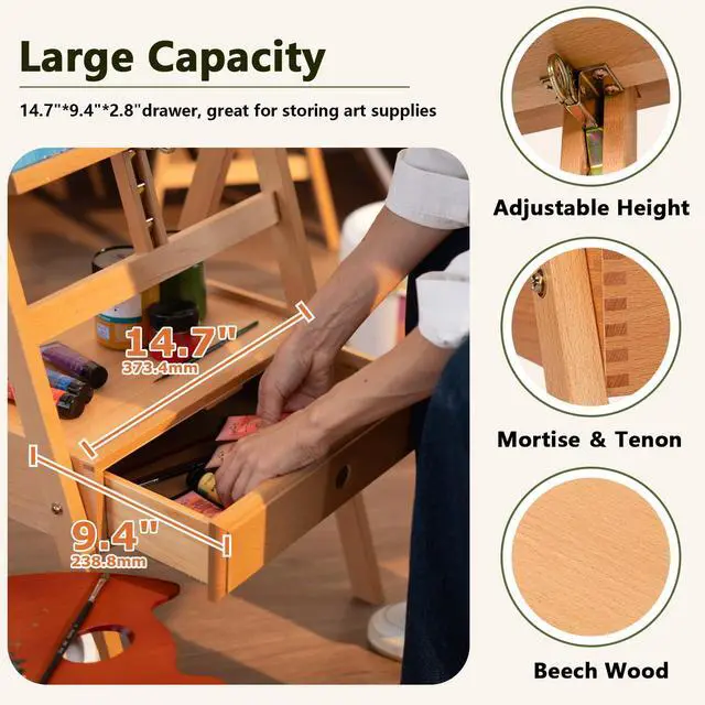 Alt view image 4 of 7 - Solid Beech Wood H-Frame Art Easel with Storage Drawer, Natural | Artist Painting Stand for Adults, Holds Canvas up to 36", Main Mast Adjustable to 75", Great for Home Studios & Classroom