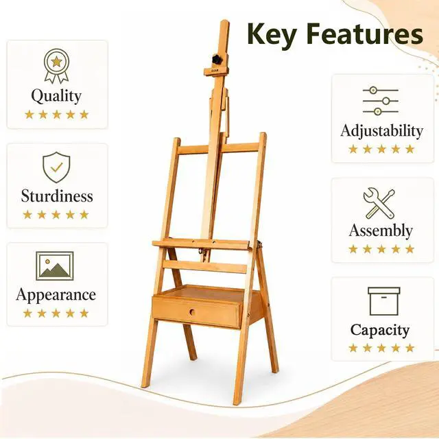 Alt view image 5 of 7 - Solid Beech Wood H-Frame Art Easel with Storage Drawer, Natural | Artist Painting Stand for Adults, Holds Canvas up to 36", Main Mast Adjustable to 75", Great for Home Studios & Classroom