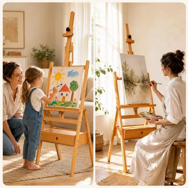 Alt view image 7 of 7 - Solid Beech Wood H-Frame Art Easel with Storage Drawer, Natural | Artist Painting Stand for Adults, Holds Canvas up to 36", Main Mast Adjustable to 75", Great for Home Studios & Classroom