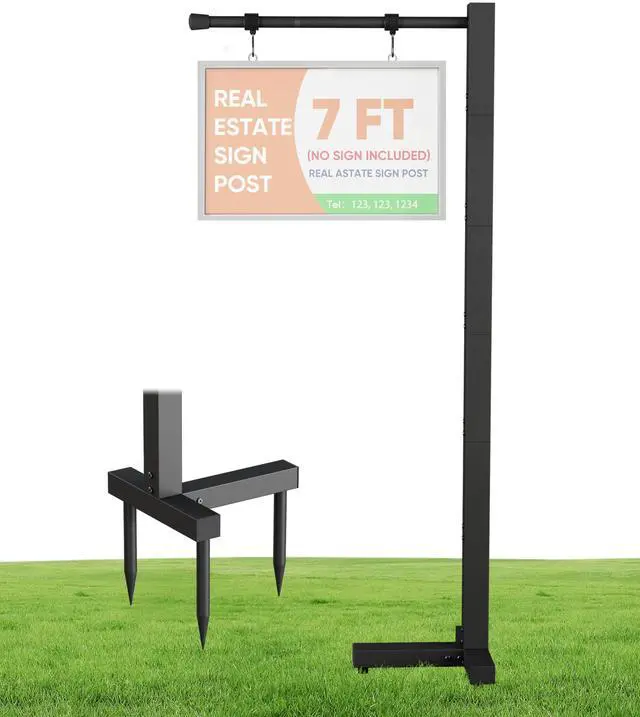 Main image of Adjustable Real Estate Sign Post, 7FT Yard Sign Holder Stand for Open House & Home for Sale, Windproof Outside Realtor Sign Post with 34" Arm for Traffic,Construtions,Events, Black (No Sign)