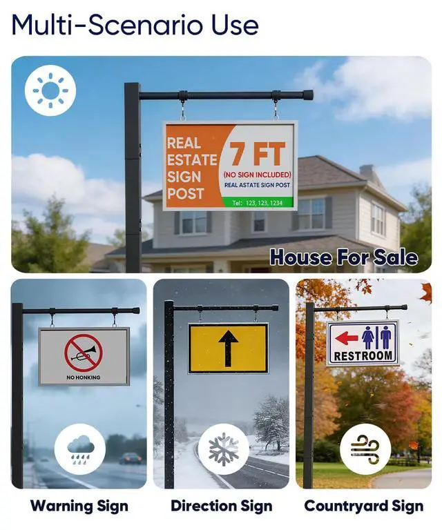 Alt view image 7 of 7 - Adjustable Real Estate Sign Post, 7FT Yard Sign Holder Stand for Open House & Home for Sale, Windproof Outside Realtor Sign Post with 34" Arm for Traffic,Construtions,Events, Black (No Sign)