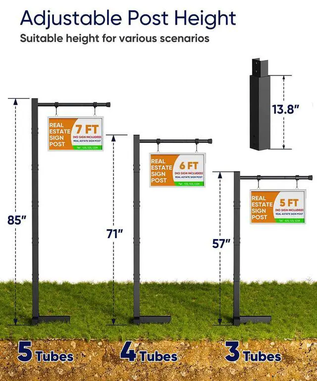 Alt view image 5 of 7 - Adjustable Real Estate Sign Post, 7FT Yard Sign Holder Stand for Open House & Home for Sale, Windproof Outside Realtor Sign Post with 34" Arm for Traffic,Construtions,Events, Black (No Sign)