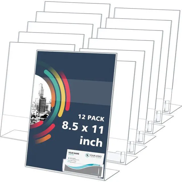 Main image of 12 Pcs Acrylic Sign Holder with Business Card Holder Slanted Paper Stand Clear Brochure Display Stand Heavy Duty Plastic Signs for Office Table Advertisement Flyer (8.5 x 11 Inch)