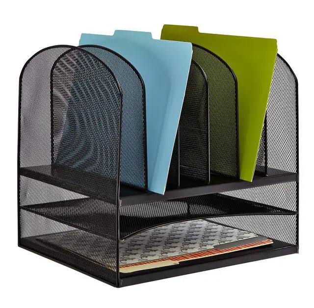 Alt view image 2 of 7 - Onyx Desk Organizer, 6 Vertical Compartments and 2 Trays, Office and Classroom Mailbox, Paper and Mail Sorter, Steel Mesh, Black