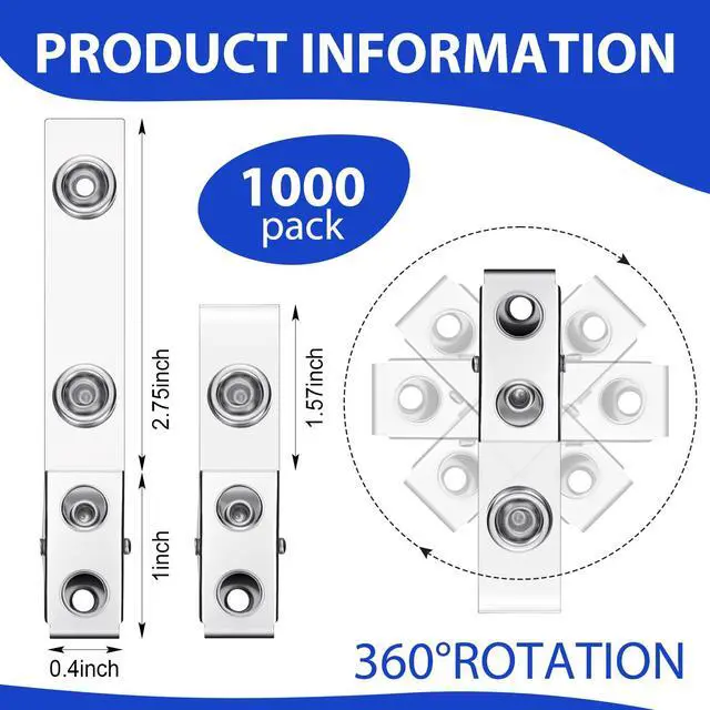 Alt view image 2 of 7 - 1000 Pcs Metal Badge Clips Double Hole Name Tag Clips with Clear PVC Straps for ID Cards Badge Holders Office School Supplies (Silver)