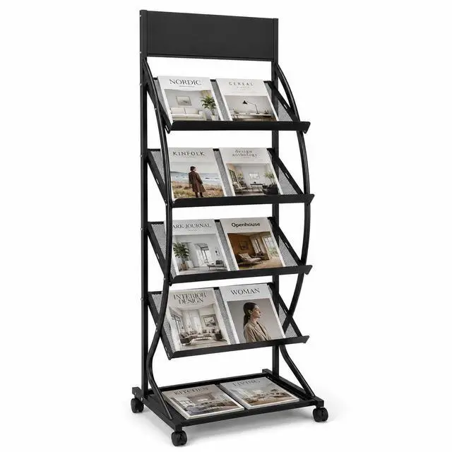 Main image of 4-Layer Floor-Standing Brochure Display Rack with Wheels and Top Billboard | Movable Metal Newspaper & Literature Display Stand for Trade Shows, Offices & Malls
