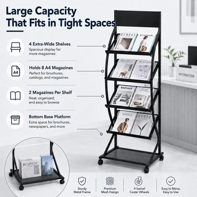Alt view image 2 of 7 - 4-Layer Floor-Standing Brochure Display Rack with Wheels and Top Billboard | Movable Metal Newspaper & Literature Display Stand for Trade Shows, Offices & Malls