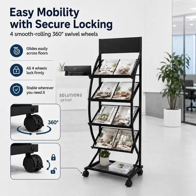 Alt view image 3 of 7 - 4-Layer Floor-Standing Brochure Display Rack with Wheels and Top Billboard | Movable Metal Newspaper & Literature Display Stand for Trade Shows, Offices & Malls