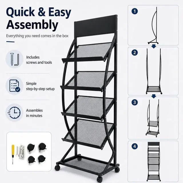Alt view image 6 of 7 - 4-Layer Floor-Standing Brochure Display Rack with Wheels and Top Billboard | Movable Metal Newspaper & Literature Display Stand for Trade Shows, Offices & Malls