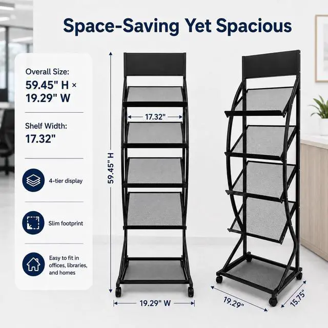 Alt view image 4 of 7 - 4-Layer Floor-Standing Brochure Display Rack with Wheels and Top Billboard | Movable Metal Newspaper & Literature Display Stand for Trade Shows, Offices & Malls