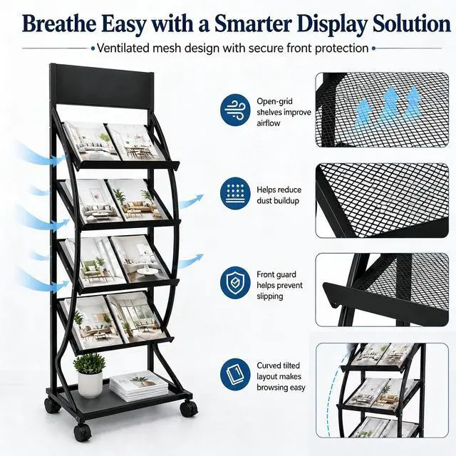Alt view image 5 of 7 - 4-Layer Floor-Standing Brochure Display Rack with Wheels and Top Billboard | Movable Metal Newspaper & Literature Display Stand for Trade Shows, Offices & Malls