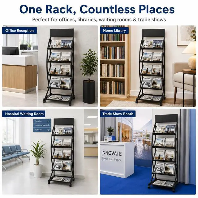 Alt view image 7 of 7 - 4-Layer Floor-Standing Brochure Display Rack with Wheels and Top Billboard | Movable Metal Newspaper & Literature Display Stand for Trade Shows, Offices & Malls